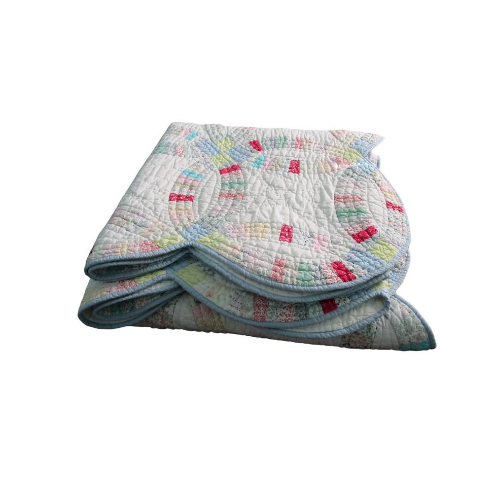 Vintage Pottery Barn Double Wedding Ring Patchwork Quilt King GUC